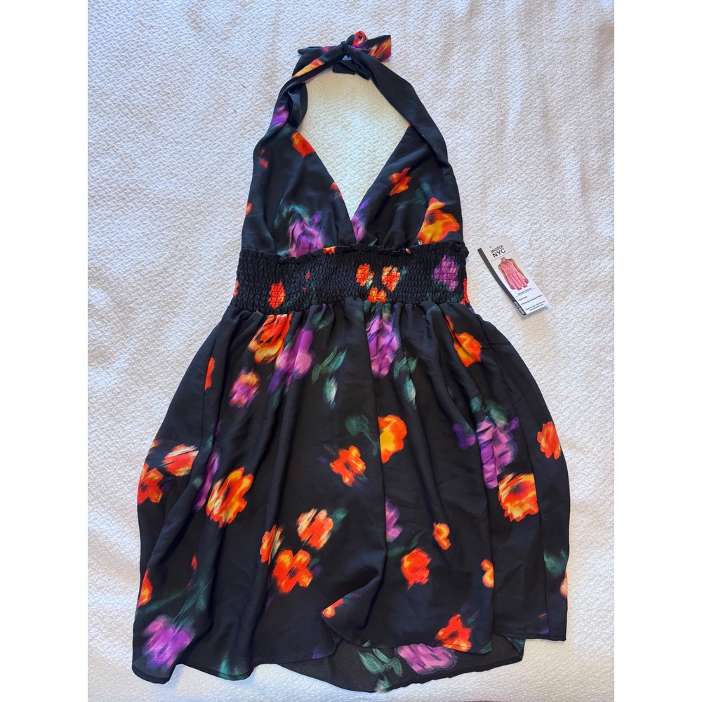 Madden NYC Floral Halter Mini Dress Black Orange Purple Smocked Waist Medium NWT